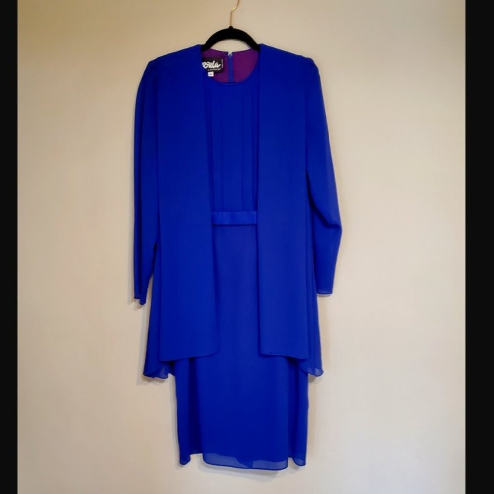 Ursula Royal Blue Midi Belted Dress w/ Pleated Bodice and Sheer Long Sleeves, 8